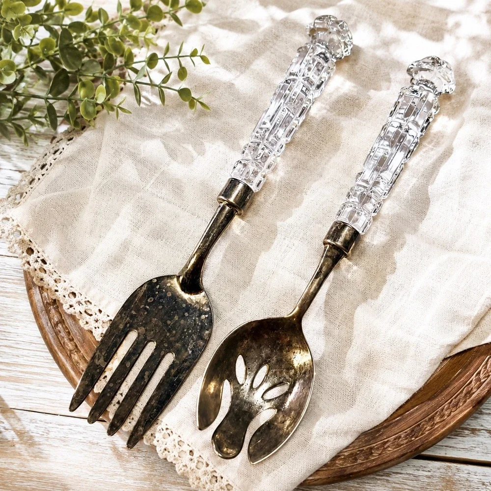 Vintage Salad Serving Set Faceted Glass Handles Silver Tone Fork Spoon 2 Piece